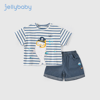 JELLYBABY 儿童套装男童夏季短袖男孩夏装童装夏款宝宝衣服 蓝色条纹 80cm