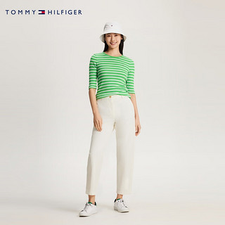 TOMMY HILFIGER24春季女装通勤小绣标拼色条纹紧身打底短袖T恤03023 绿白条纹0FP XS