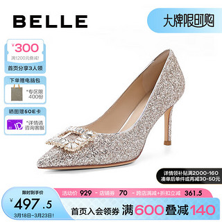 BeLLE 百丽 高跟鞋女细跟2024夏季时尚优雅气质单鞋婚鞋BDAK9AQ4 金色 36