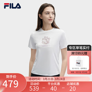 FILA 斐乐 女子针织短袖衫2024夏时尚休闲舒适简约纯棉T恤 皓日白-WT 180/96A/XXL