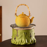 瓷牌茗茶具大吉大利围炉煮茶茶具套装家用创意陶瓷煮茶壶户外炭炉套装 橘子提梁壶+树桩炭炉+烤网 620ml