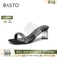 百思图(BASTO)2024夏季商场新款时尚钻带透明水晶粗跟女外穿拖鞋RQ730BT4 透明/