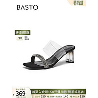 百思图（BASTO）2024夏季商场时尚钻带透明水晶粗跟女外穿拖鞋RQ730BT4 透明/黑 39