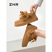 ZHR板鞋女2024春季厚底百搭休闲鞋黑白熊猫运动鞋增高小白鞋 小麦色 37