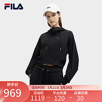 FILA 斐乐 女士针织连帽外套2024春时尚纯棉运动短款上衣 正黑色-BK 165/84A/M