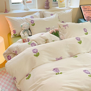 AIDLI 四件套纯棉床上用品枕套被套床单全棉套件 紫韵 220*240cm四件套