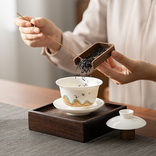 苏氏陶瓷（SUSHI CERAMICS）羊脂玉瓷千里江山茶具套装三才盖碗六色杯功夫茶具礼盒装