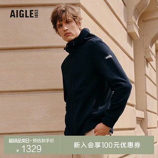 AIGLE艾高秋冬户外时尚保暖连帽全拉链抓绒衣男士外套 黑色 AW141 L(180/96A)