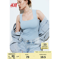 H&M女装背心2024春季方领纯色柔软弹力汗布上衣1221690 浅蓝色 170/104A L