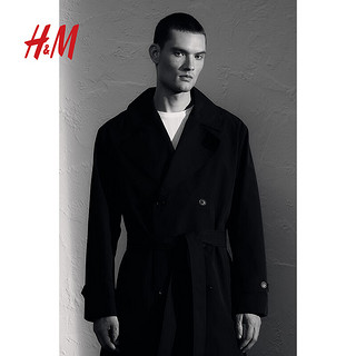 H&M男装风衣2024春季宽松双排扣中长款大廓形系带外套1221882 黑色 175/100A M
