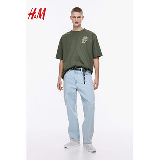H&M男装T恤2024春季时尚休闲大廓形印花T恤1217039 卡其绿/Hardcore 180/124A