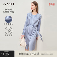 AMII2024春新款碎褶配腰带弹力缎桑蚕丝连衣裙女衬衫裙中裙子12441302 黑色 155/80A/S