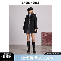 BASIC HOUSE/百家好黑色羊毛大衣气质赫本风中长款毛呢外套女 黑色 S