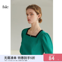 FANSILANEN范思蓝恩撞色方领肌理感衬衫女春装微泡泡袖上衣 复古绿 M