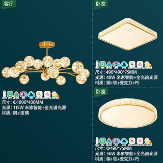 雷士北欧智能护眼全光谱LED舒适光吊灯客厅灯餐厅卧室灯灯具全屋套餐 15头+卧室灯*2 套餐【两室一厅】