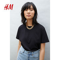 H&M女装T恤2024春季简约休闲时尚圆领短袖上衣内搭0963662 黑色 155/80A