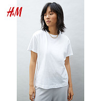 H&M 女装T恤2024春季简约休闲时尚圆领短袖上衣内搭0963662 白色 170/116A