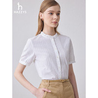 哈吉斯（HAZZYS）女装 2024春夏女士优雅立领花边短袖衬衫女ATCSK1BBK51 白色WT 170/96A 44