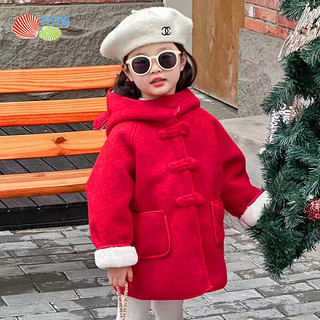 贝贝怡外套女童加绒新年拜年服小童国潮连帽外衣加绒保暖儿童上衣童装 红色 120cm(身高110-120CM)