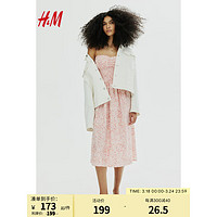 H&M2024春季女士简约风潮流时尚缩褶棉质中长连衣裙1217947 浅粉色/图案 160/88A