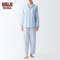 无印良品 MUJI 女式 无侧缝双层纱织睡衣 女士家居服春季 纯棉薄荷曼波风 浅蓝色条纹 XL(上装165/92A下装165/74A)