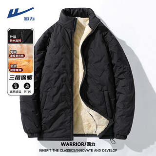 WARRIOR 回力 2024新款羊羔绒防风防水加绒保暖棉服男士冬季防寒立领棉衣服 黑(HL纯色) L