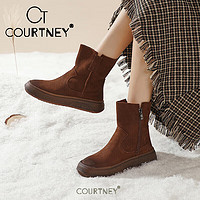 Courtney品牌个性短筒女士切尔西靴2023秋季新款复古牛皮百搭时尚马丁靴女 咖啡色 35