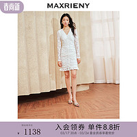 MAXRIENY精致复古感抽褶亮片蕾丝连衣裙2024春季修身v领裙子 本白 01/34/S