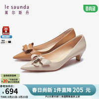 莱尔斯丹 le saunda2024春季新款尖头饰花蝴蝶结通勤中低跟女鞋真皮单鞋43304/15201