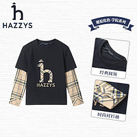 HAZZYS 哈吉斯 品牌童装男童圆领衫春弹力复古拼接简约经典圆领衫 藏蓝 145