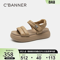 C.BANNER 千百度 女鞋2023夏季新款休闲凉鞋超轻面包厚底一字带踩屎感凉鞋 杏色 38