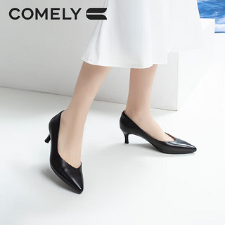 COMELY 康莉 单鞋女牛皮高跟细跟尖头软皮舒适职业工作鞋 黑色/牛皮革 39