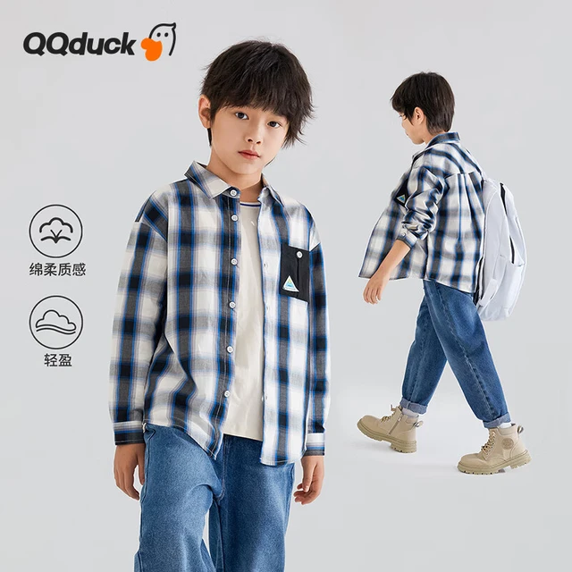 可可鸭（QQ DUCK）童装儿童衬衫男童格子衬衣大童外套学生青少年衣服蓝白格；120