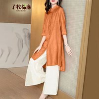子牧棉麻2024夏装 女宽松阔腿裤两件套长款衬衫时尚减龄民族风套装5110 桔色+裤子 M(95-110斤)