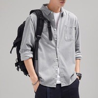 摩男志日系简约长袖灯芯绒衬衫男士春秋款宽松内搭美式复古潮流百搭衬衣 浅灰色 3XL【160-180斤】