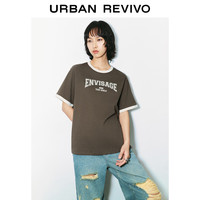 URBAN REVIVO 女装潮流拼接撞色印花棉质圆领短袖T恤 UWV440116 深卡其 XS