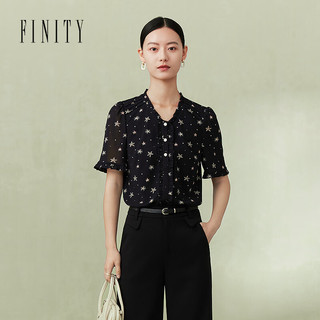 FINITY菲妮迪品牌雪纺衫2024夏季新款时尚木耳边设计印花百搭短袖上衣女 黑色印花 M