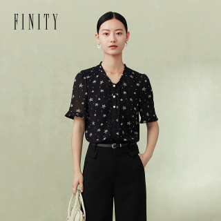FINITY菲妮迪品牌雪纺衫2024夏季新款时尚木耳边设计印花百搭短袖上衣女 黑色印花 M