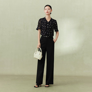 FINITY菲妮迪品牌雪纺衫2024夏季新款时尚木耳边设计印花百搭短袖上衣女 黑色印花 M