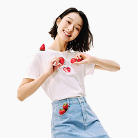 网易严选凉感趣味设计款T恤女舒适透气微落肩简约显瘦夏季短袖 米白色-小草莓 S