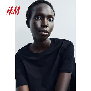 H&M女装T恤2024春季简约休闲时尚圆领短袖上衣内搭0963662 黑色 170/116A