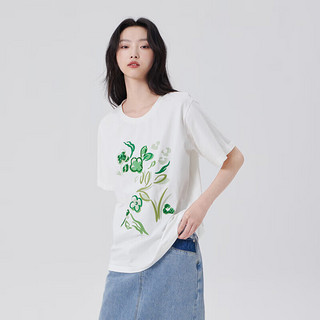 艾莱依（ERAL）花朵图案大版T恤女夏季圆领百搭休闲宽松短袖设计感上衣 炭黑 160/84A