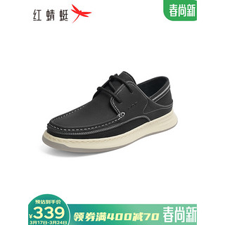 红蜻蜓休闲皮鞋2024春季时尚运动休闲板鞋系带舒适商务男鞋WJA14280 黑色 39