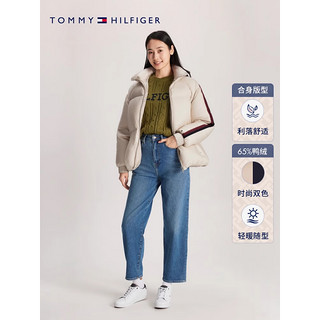 TOMMY HILFIGER 女装时尚活力撞色织带鸭绒保暖立领合身短面包羽绒服40093 米黄色ACI S