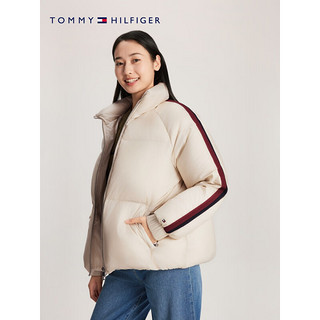 TOMMY HILFIGER 女装时尚活力撞色织带鸭绒保暖立领合身短面包羽绒服40093 米黄色ACI S