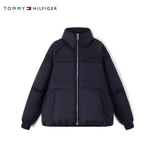 TOMMY HILFIGER 女装时尚活力撞色织带鸭绒保暖立领合身短面包羽绒服40093 藏青色DW5 L