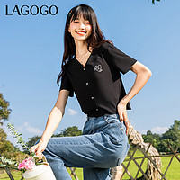 La·go·go 拉谷谷 Lagogo拉谷谷黑色条纹刺绣短袖T恤女2024春季新款短款V领针织上衣