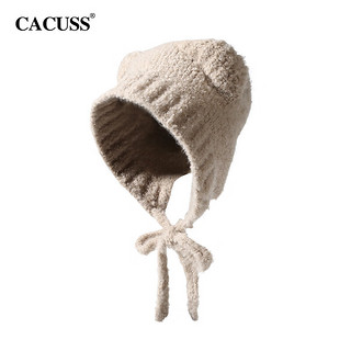 CACUSS毛线帽子女士冬针织帽户外大头围保暖帽护耳羊毛套头帽浅驼色均码