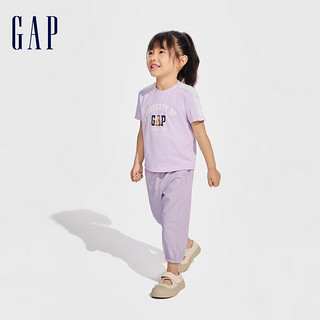 Gap女幼童2024春季纯棉小熊logo拼接织带短袖T恤上衣892057 紫色 110cm(4-5岁) 亚洲尺码