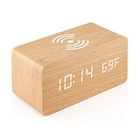 iChoice 多功能LED数码电子闹钟桌面充电时钟无线充数字木头 竹木白色 长方形
